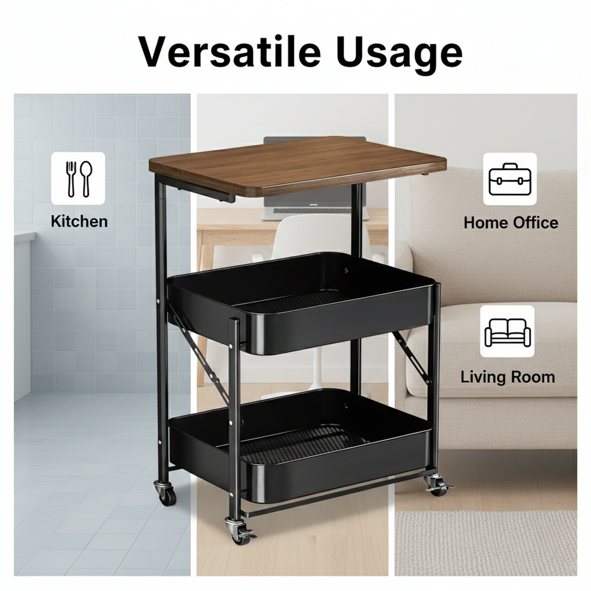 Three-tier roller trolley side table