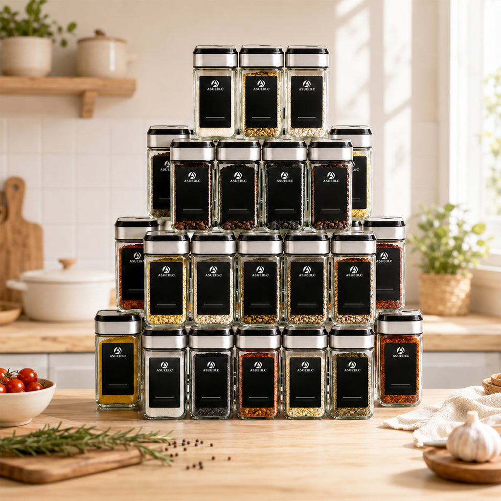 24 Quadratische Gewürzgläser mit Etiketten und Zubehör