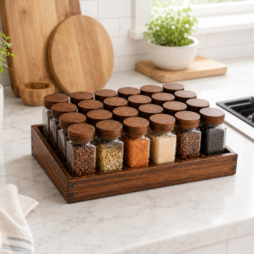 24 Quadratische Gewürzgläser mit Holztablett